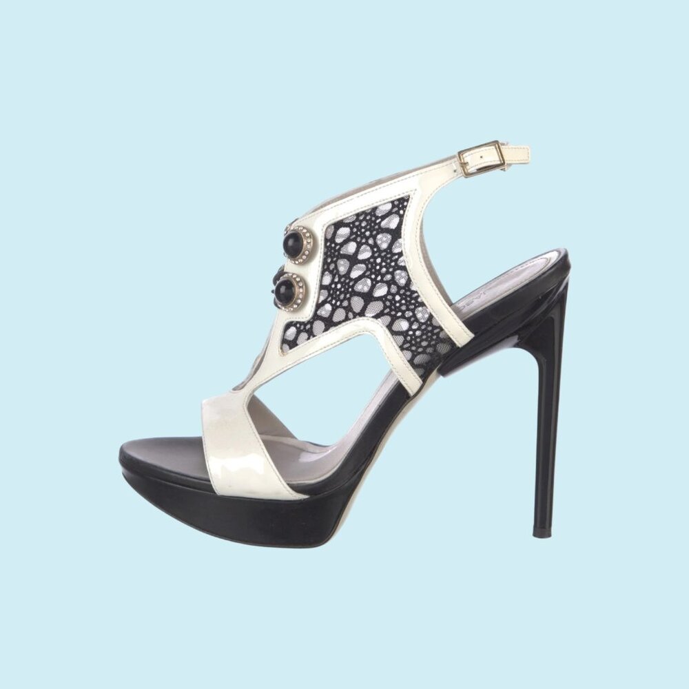 JASON WU Sandals Size 9 IT 39 Black + White Patent Leather T-Strap Italian Heels